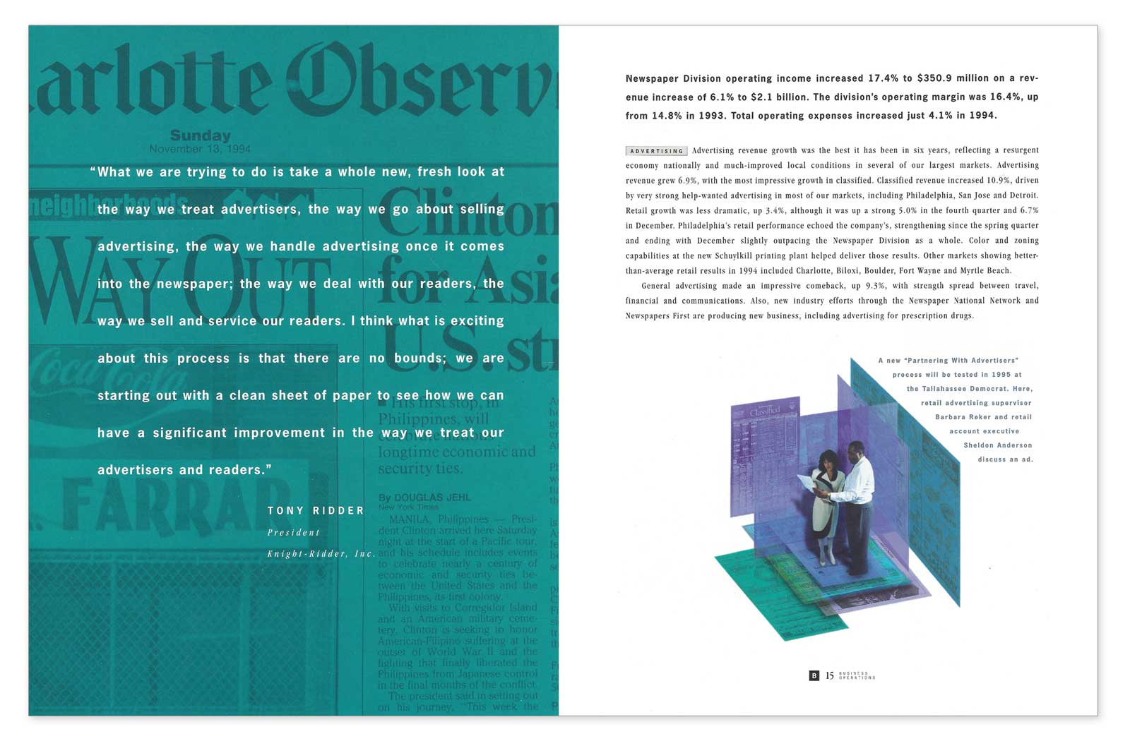 Inside spread - Knight-Ridder annual report type images & layout.