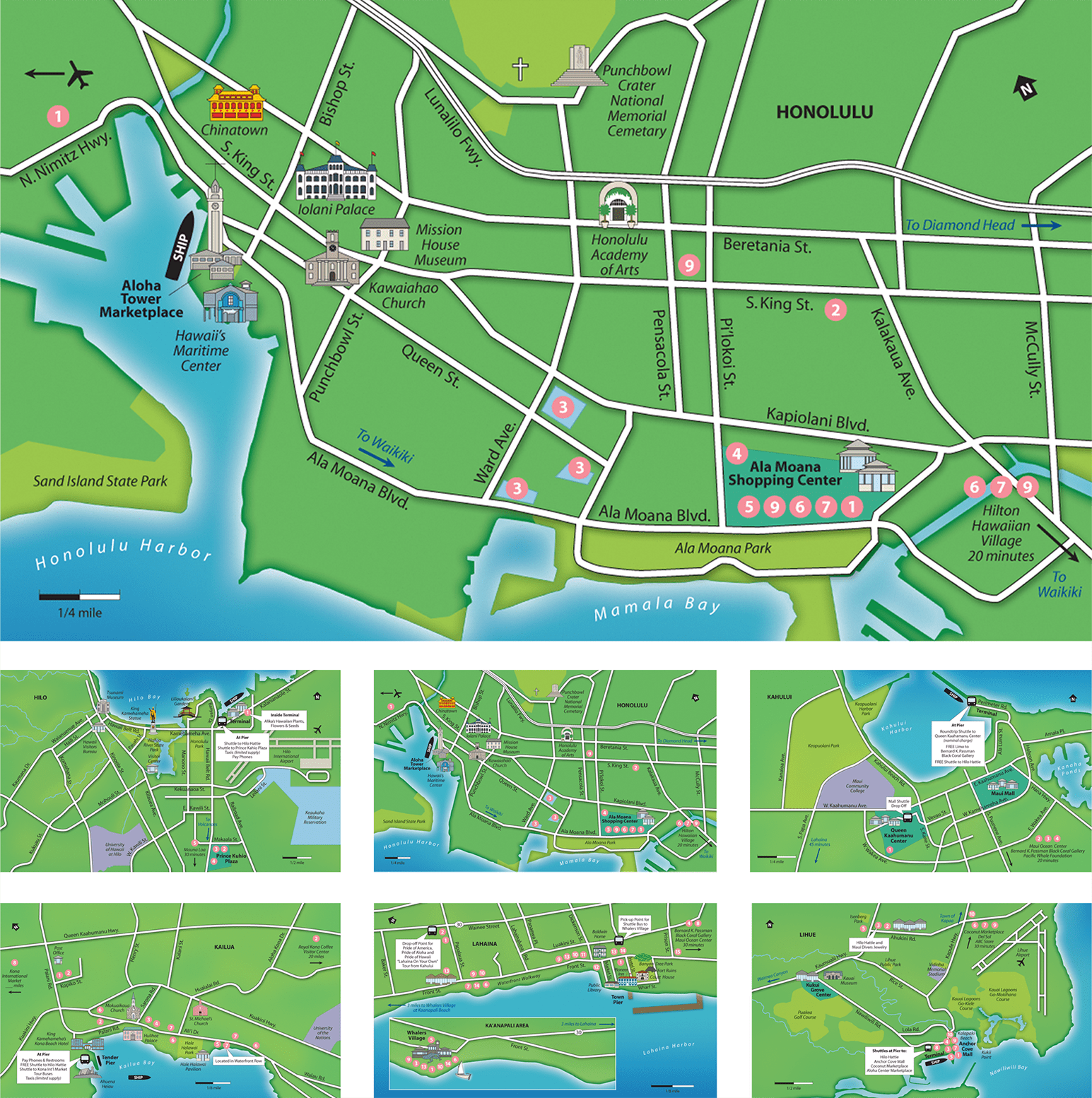 Hawaii tourist maps for shore destinations