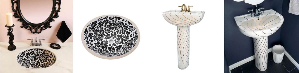 Custom painted bathroom sinks designed and made in the USA by Lynne Sands and Decorated Bathroom. Made with love and care.