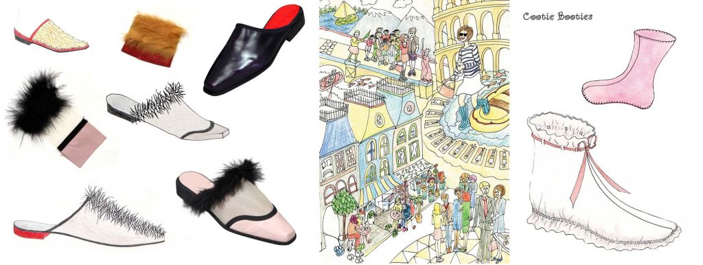 Sketches and shoe prototypes I made while studying at the Cordwainers College in London. The Cootie Bootie was for hotel rooms when traveling.